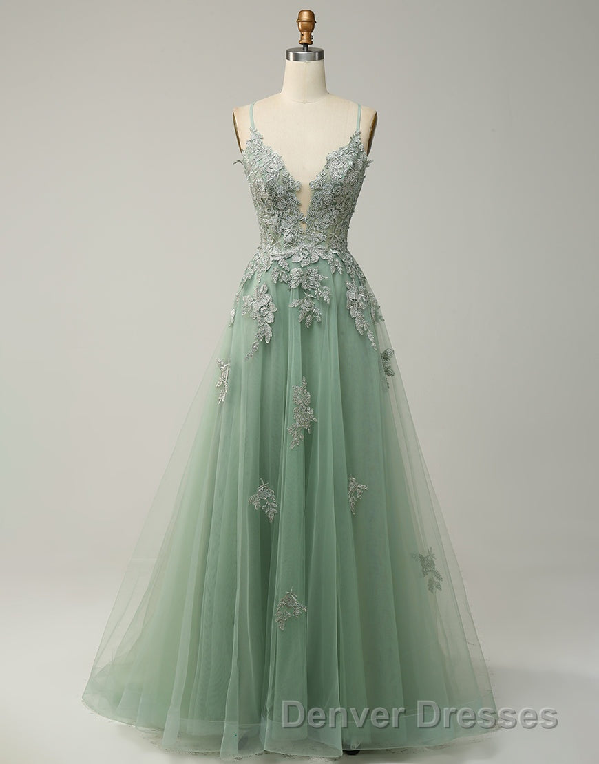 A-Line Tulle Spaghetti Straps Appliques Long Prom Dress with Alit