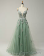 A-Line Tulle Spaghetti Straps Appliques Long Prom Dress with Alit