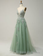 A-Line Tulle Spaghetti Straps Appliques Long Prom Dress with Alit