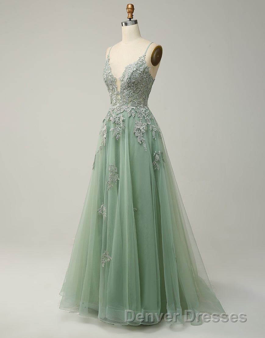A-Line Tulle Spaghetti Straps Appliques Long Prom Dress with Alit