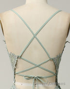 A-Line Tulle Spaghetti Straps Appliques Long Prom Dress with Alit