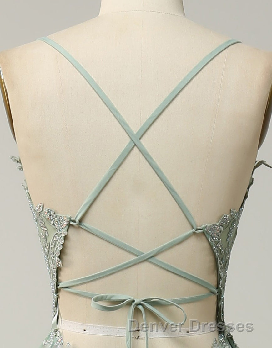 A-Line Tulle Spaghetti Straps Appliques Long Prom Dress with Alit