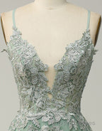 A-Line Tulle Spaghetti Straps Appliques Long Prom Dress with Alit