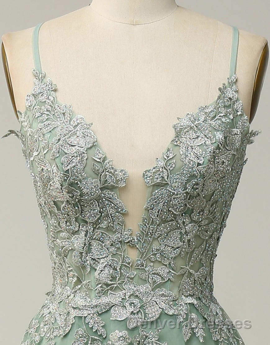 A-Line Tulle Spaghetti Straps Appliques Long Prom Dress with Alit