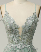 A-Line Tulle Spaghetti Straps Appliques Long Prom Dress with Alit