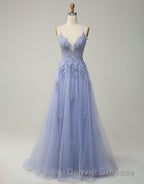 A-Line Tulle Spaghetti Straps Appliques Long Prom Dress with Alit