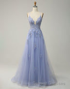 A-Line Tulle Spaghetti Straps Appliques Long Prom Dress with Alit