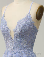 A-Line Tulle Spaghetti Straps Appliques Long Prom Dress with Alit