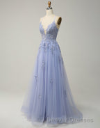 A-Line Tulle Spaghetti Straps Appliques Long Prom Dress with Alit