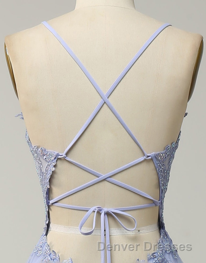 A-Line Tulle Spaghetti Straps Appliques Long Prom Dress with Alit