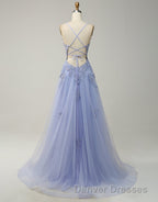 A-Line Tulle Spaghetti Straps Appliques Long Prom Dress with Alit