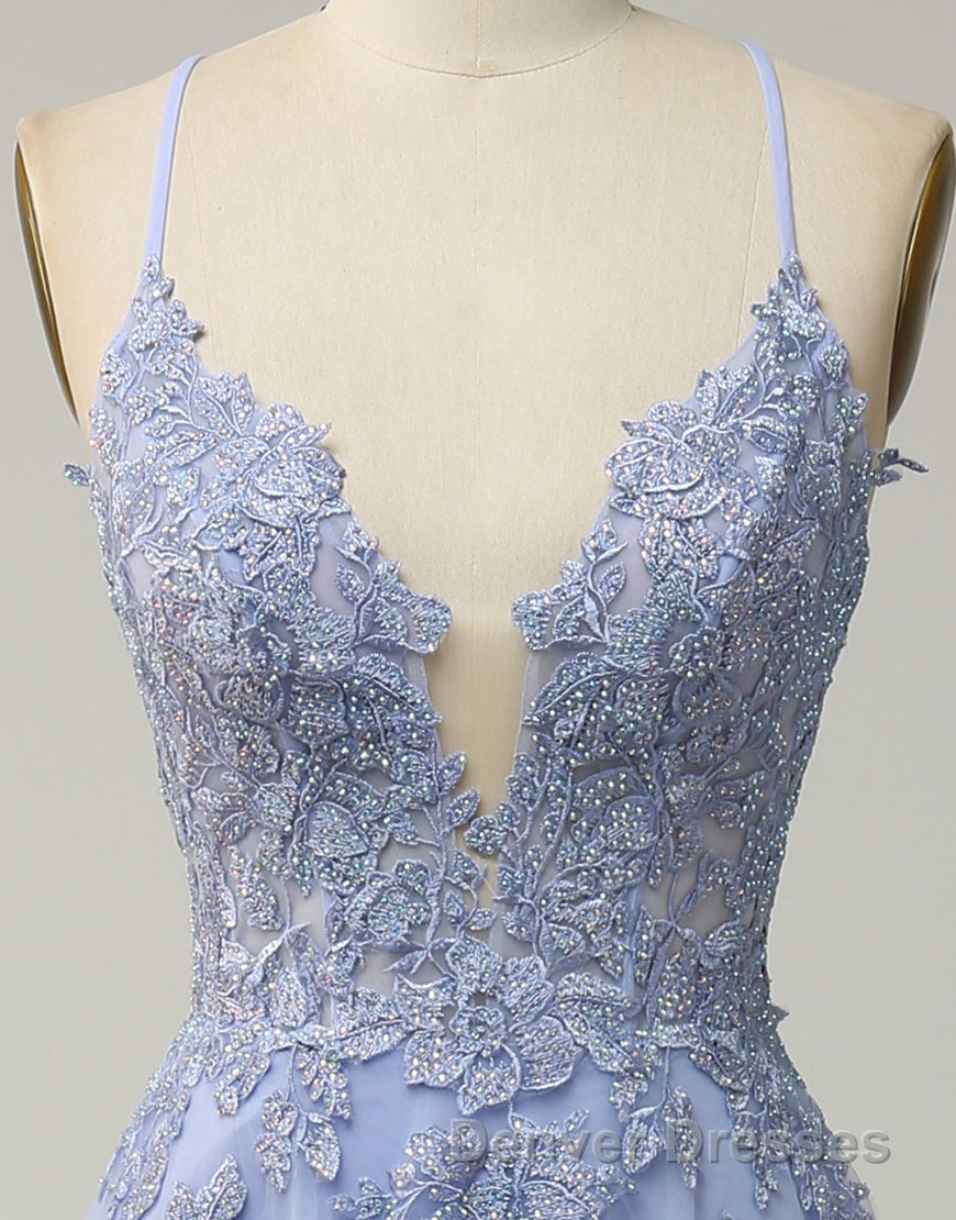 A-Line Tulle Spaghetti Straps Appliques Long Prom Dress with Alit