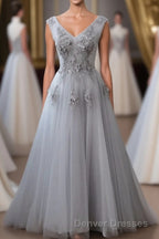 Grey V-Neckline Tulle With Lace Long Formal Dress, Grey A-Line Prom Dress