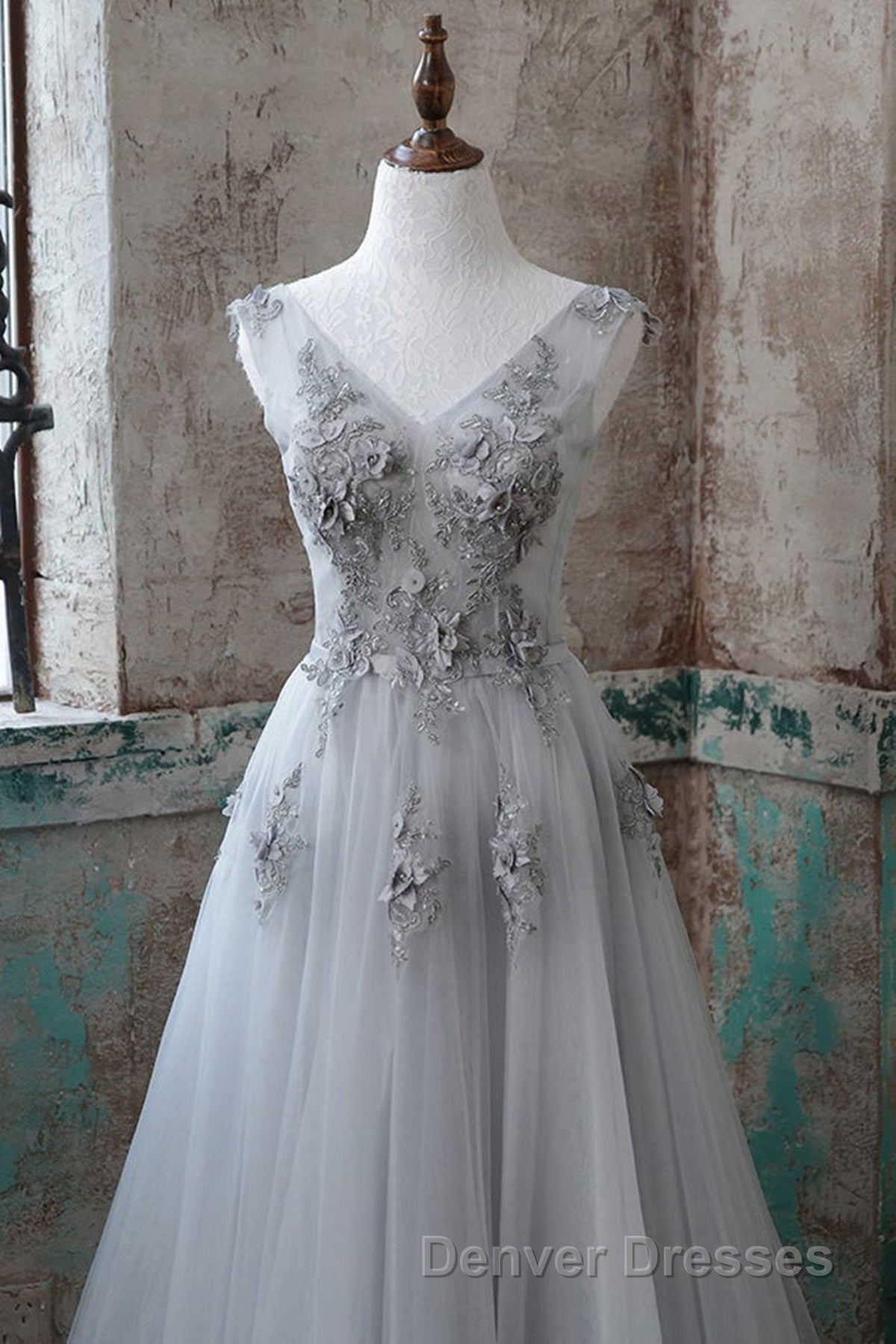 Grey V-Neckline Tulle With Lace Long Formal Dress, Grey A-Line Prom Dress Secondary image