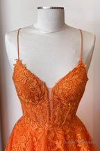 A Line V Neck Orange Lace Long Prom Dress, Orange Lace Formal Dress, Orange Evening Dress