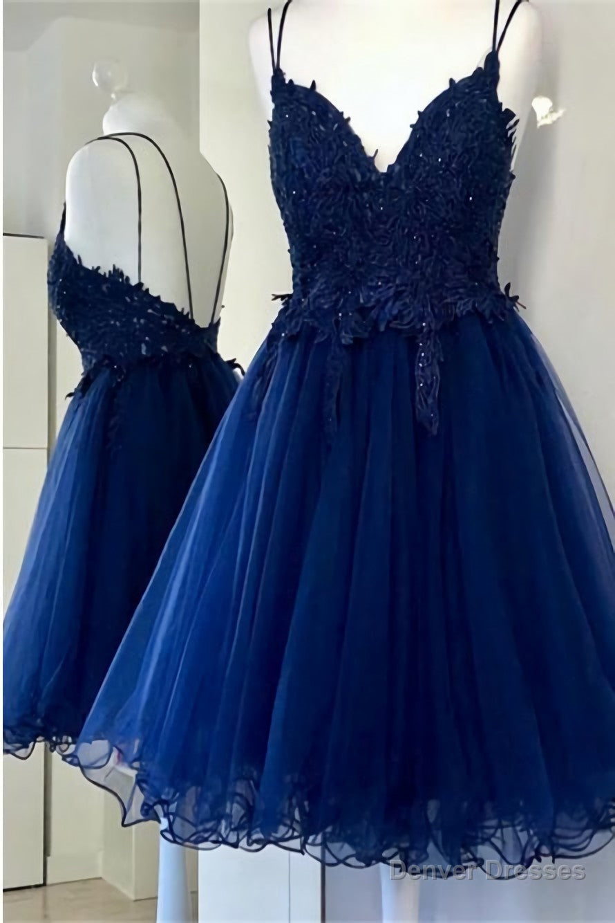 A Line Dual Strapped Royal Blue V Neck Short Prom Dress With Beads Appliques Secondary image
