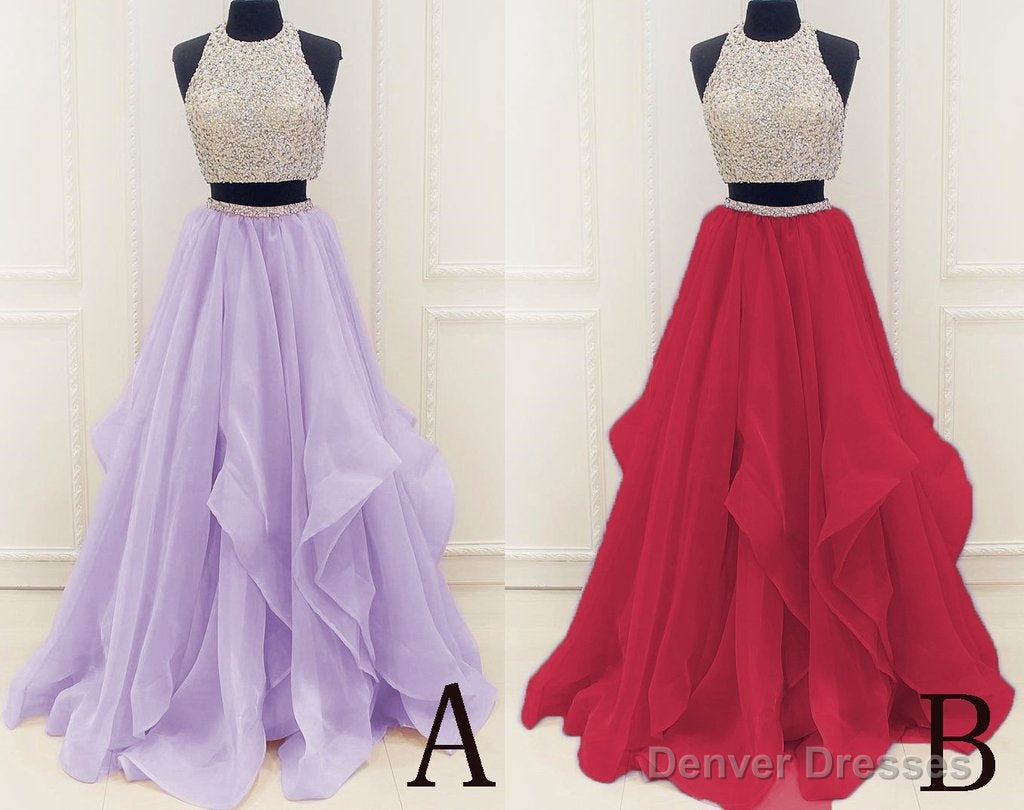 Two Piece High Neck Burgundy Prom Dress, Beaded Open Back Evening Gowns Main image