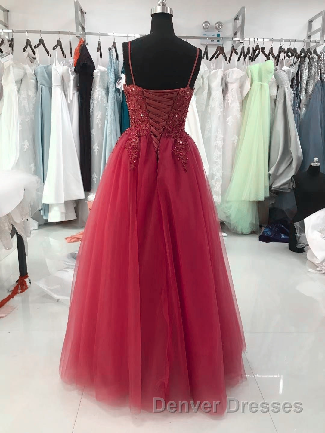 Wine Red Tulle Straps Lace Applique Long Formal Dress, Wine Red Prom Dress Secondary image
