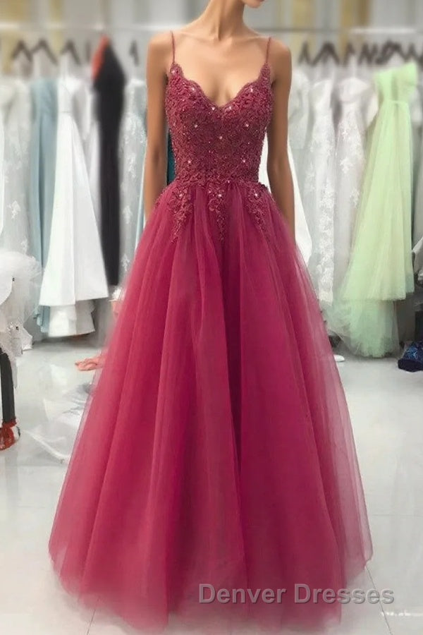 Wine Red Tulle Straps Lace Applique Long Formal Dress, Wine Red Prom Dress
