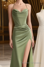 straps mermaid long formal Dress prom Dress with side slit and cowl neck