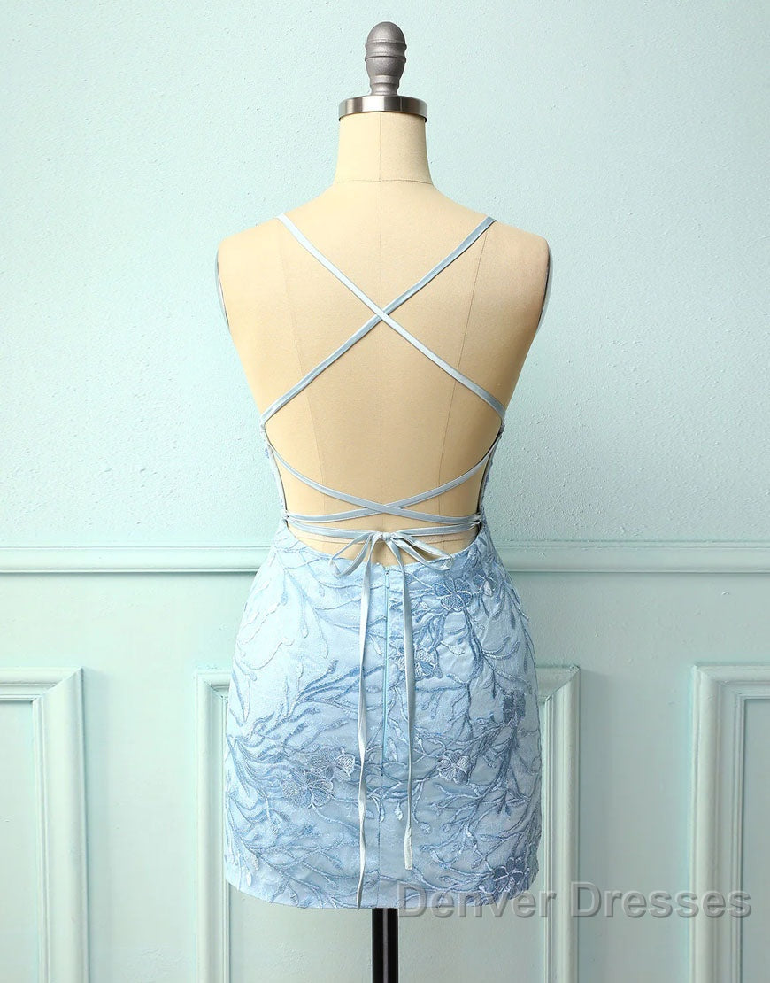 Baby Blue Spaghetti Straps Tight Homecoming Dress With Appliques