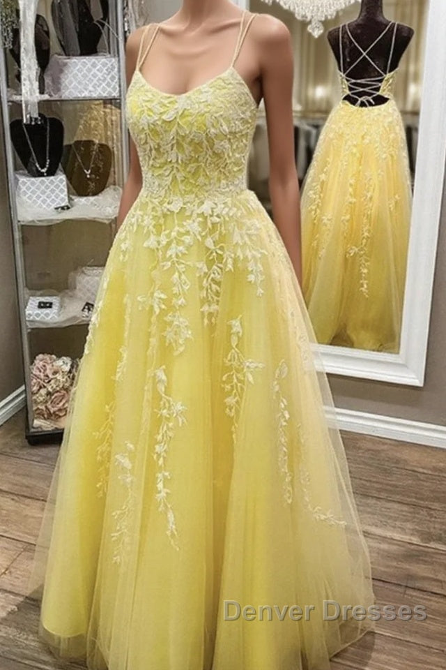 Backless Yellow Lace Formal Prom Dress