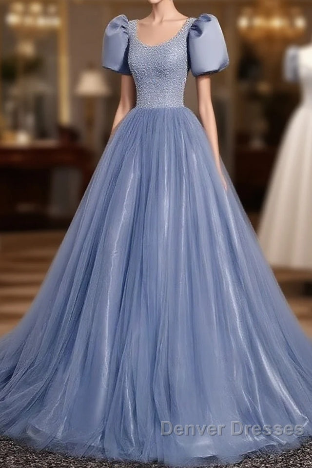 Ball Gown Dusty Blue Prom Dress with Bubble Sleeves Main image