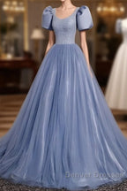 Ball Gown Dusty Blue Prom Dress with Bubble Sleeves
