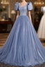 Ball Gown Dusty Blue Prom Dress with Bubble Sleeves
