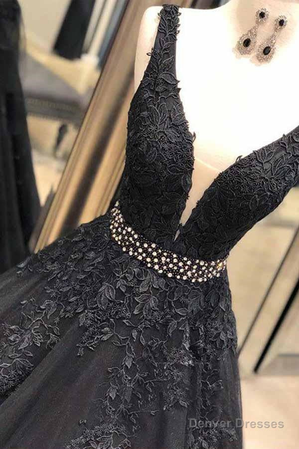 Sexy Sleeveless V Neck Lace Beading Black Long Prom Dresses Secondary image