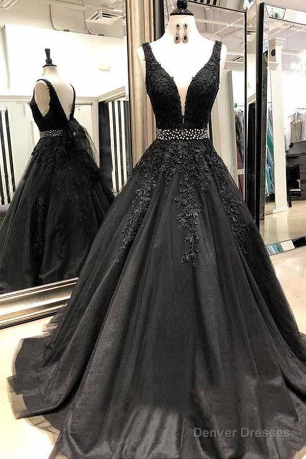 Sexy Sleeveless V Neck Lace Beading Black Long Prom Dresses Main image