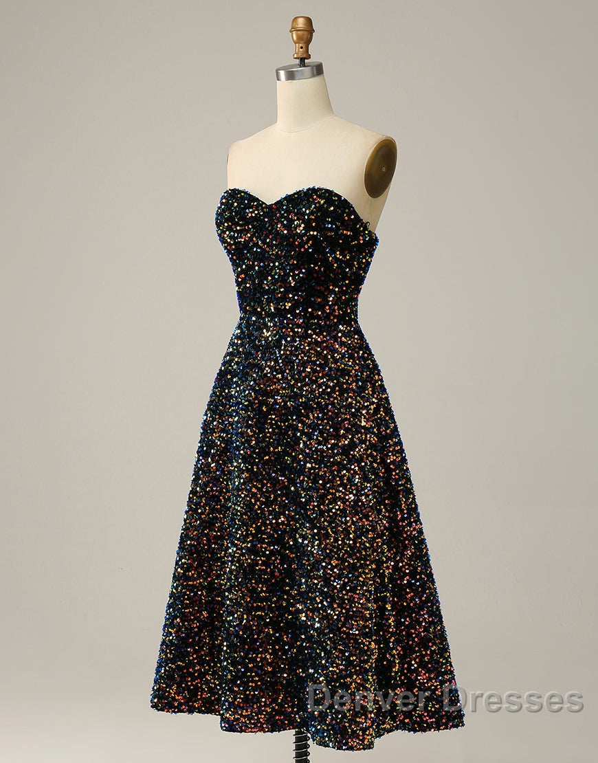 Black A-Line Tea Length Strapless Glitter Sequin Party Dress Secondary image