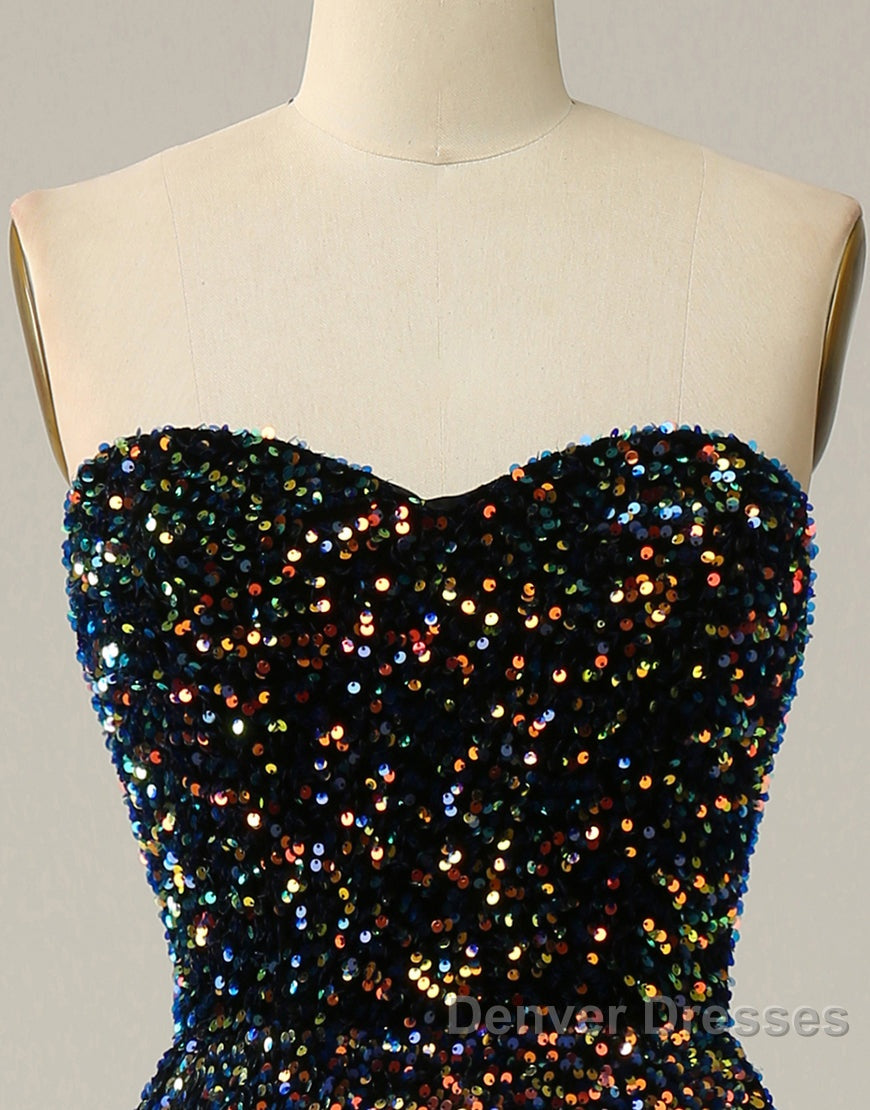 Black A-Line Tea Length Strapless Glitter Sequin Party Dress