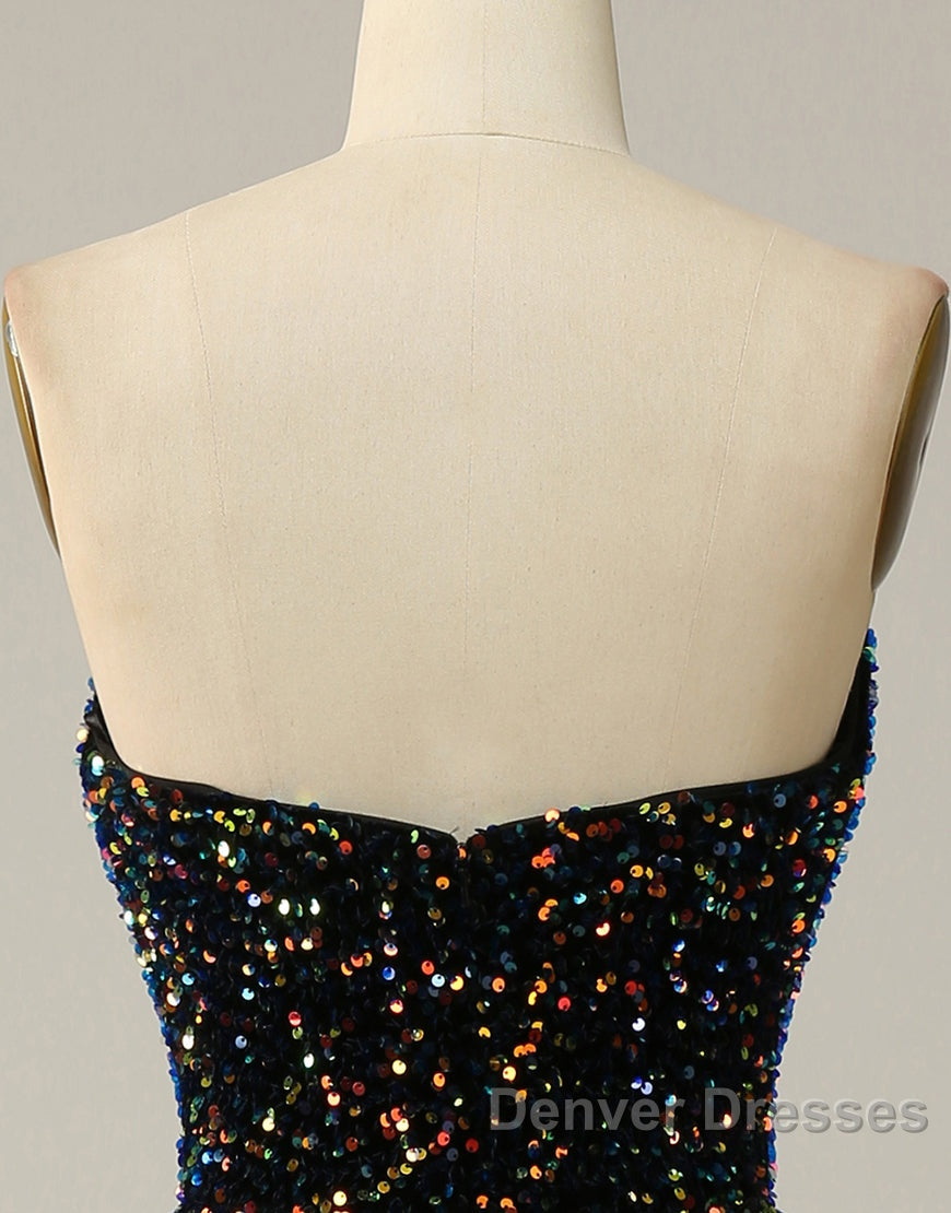 Black A-Line Tea Length Strapless Glitter Sequin Party Dress