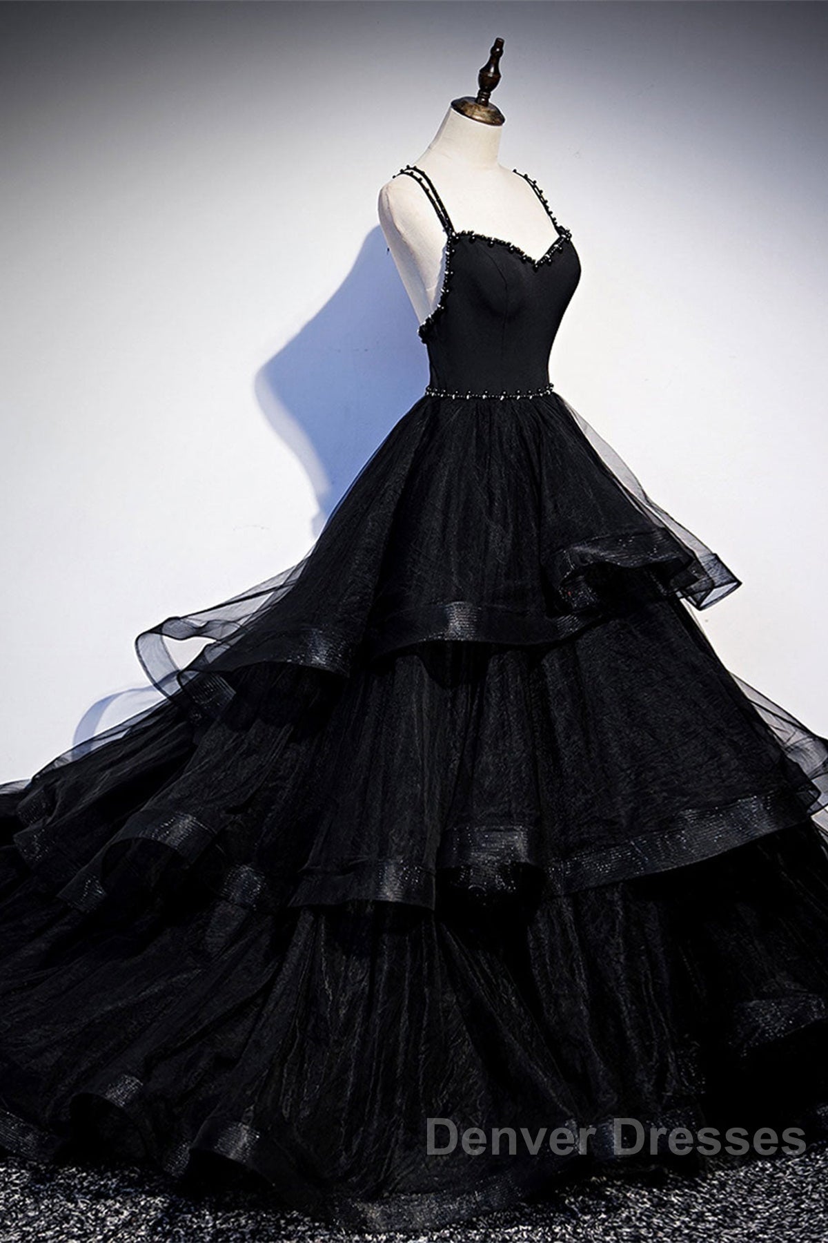 Black Tulle Open Back V Neck Beaded Layered Long Prom Dress