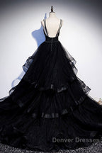 Black Tulle Open Back V Neck Beaded Layered Long Prom Dress
