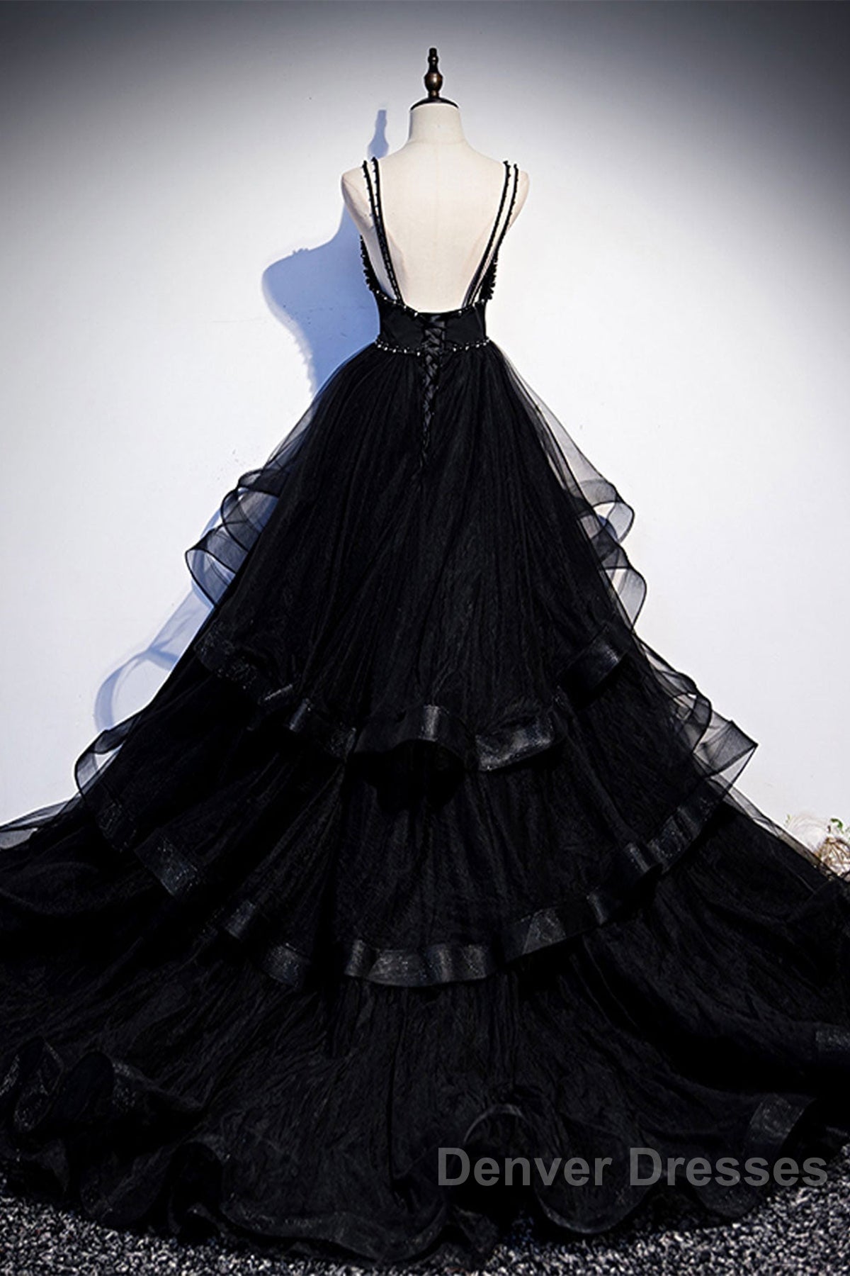Black Tulle Open Back V Neck Beaded Layered Long Prom Dress