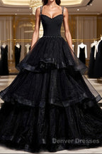 Black Tulle Open Back V Neck Beaded Layered Long Prom Dress