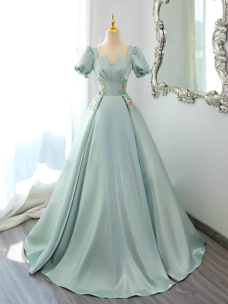 A-Line Satin Lace Applique Green Long Prom Dress, Green Long Formal Dress Main image