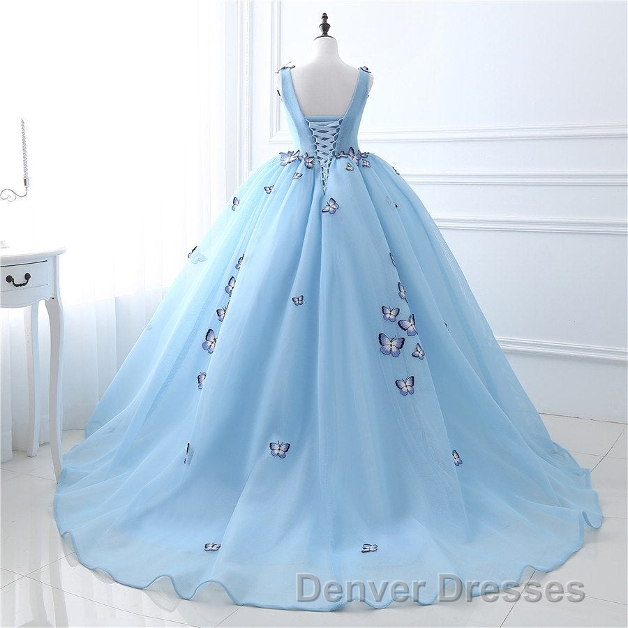 Blue Butterfly Flowers Lace Up Ball Gowns Long Prom Dress Secondary image