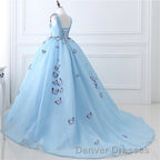 Blue Butterfly Flowers Lace Up Ball Gowns Long Prom Dress