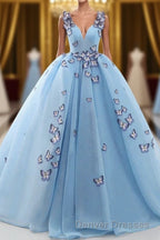 Blue Butterfly Flowers Lace Up Ball Gowns Long Prom Dress