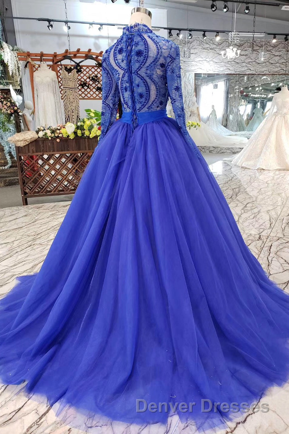 Blue Long Sleeves V Neck Tulle Prom Dress with Beading