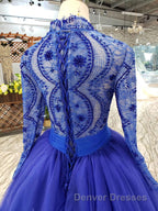 Blue Long Sleeves V Neck Tulle Prom Dress with Beading