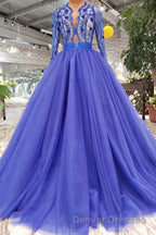 Blue Long Sleeves V Neck Tulle Prom Dress with Beading
