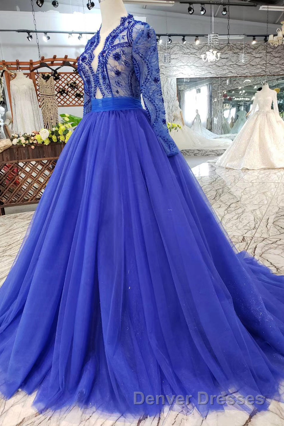 Blue Long Sleeves V Neck Tulle Prom Dress with Beading