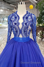 Blue Long Sleeves V Neck Tulle Prom Dress with Beading