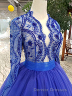Blue Long Sleeves V Neck Tulle Prom Dress with Beading