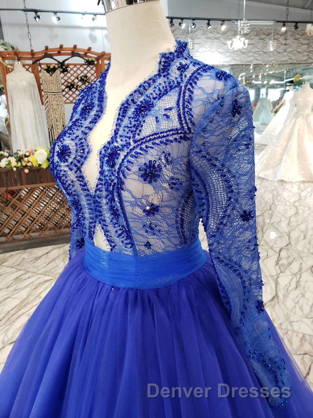 Blue Long Sleeves V Neck Tulle Prom Dress with Beading