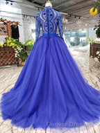 Blue Long Sleeves V Neck Tulle Prom Dress with Beading
